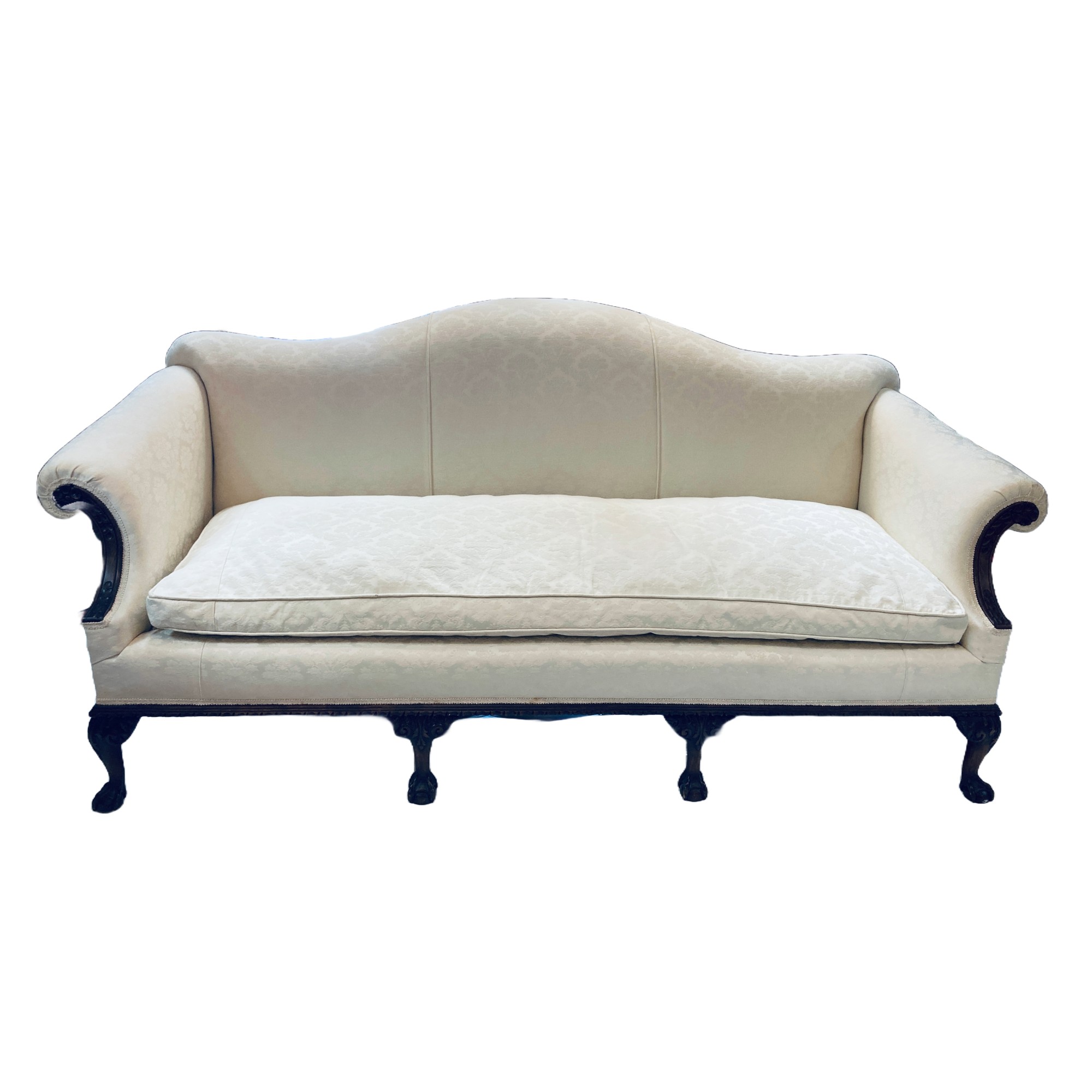Vintage Off-White Jacquard Walnut Carved Chippendale Style Sofa Vintage Off-White Jacquard Walnut Carved Chippendale Style Sofa