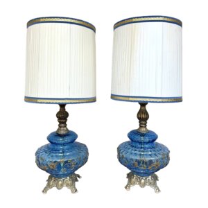 Pair of 1960 Falkenstein-Style Hollywood Regency Blue Carnival Glass Table Lamps with Original Shades