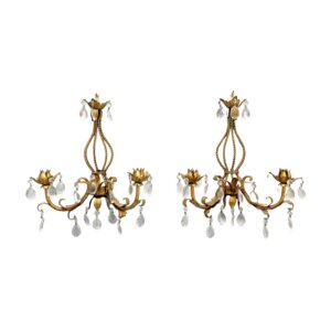 Pair of Mid-Century Italian Tole Overflowing Crystal Wall Sconces