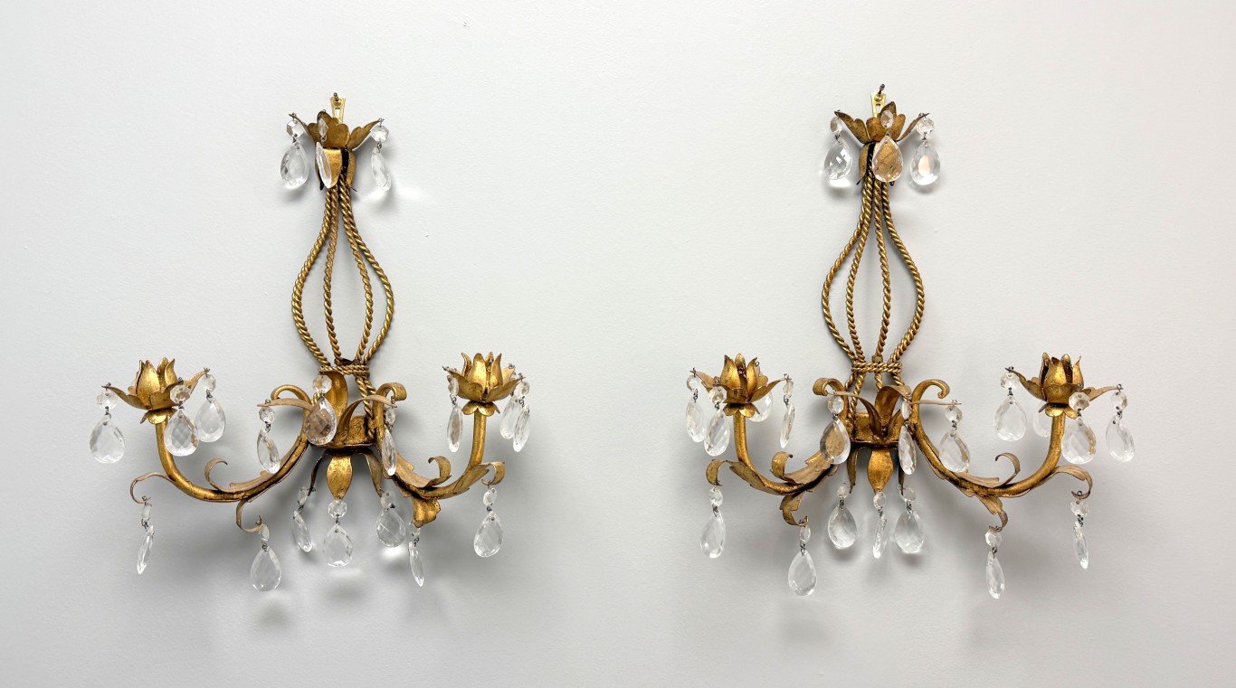 Pair of Mid-Century Italian Tole Overflowing Crystal Wall Sconces Pair of Mid-Century Italian Tole Overflowing Crystal Wall Sconces