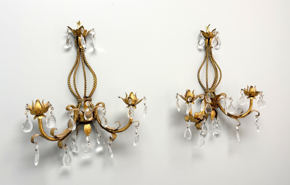 Pair of Mid-Century Italian Tole Overflowing Crystal Wall Sconces Pair of Mid-Century Italian Tole Overflowing Crystal Wall Sconces