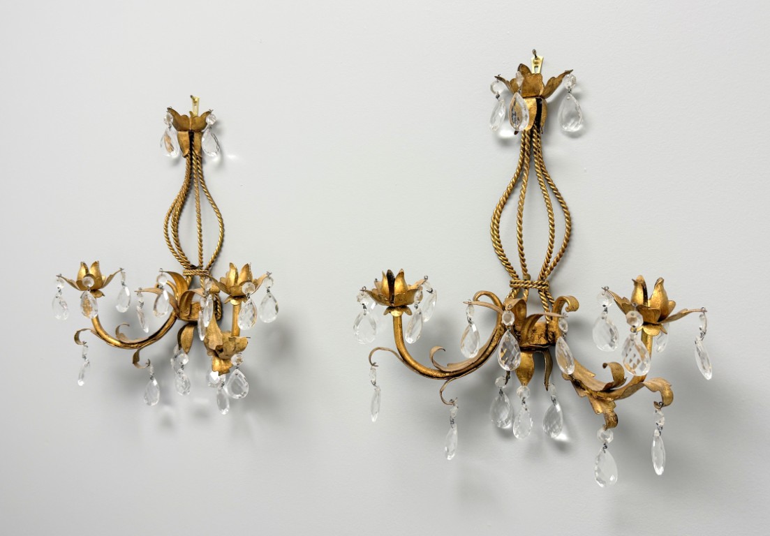 Pair of Mid-Century Italian Tole Overflowing Crystal Wall Sconces Pair of Mid-Century Italian Tole Overflowing Crystal Wall Sconces
