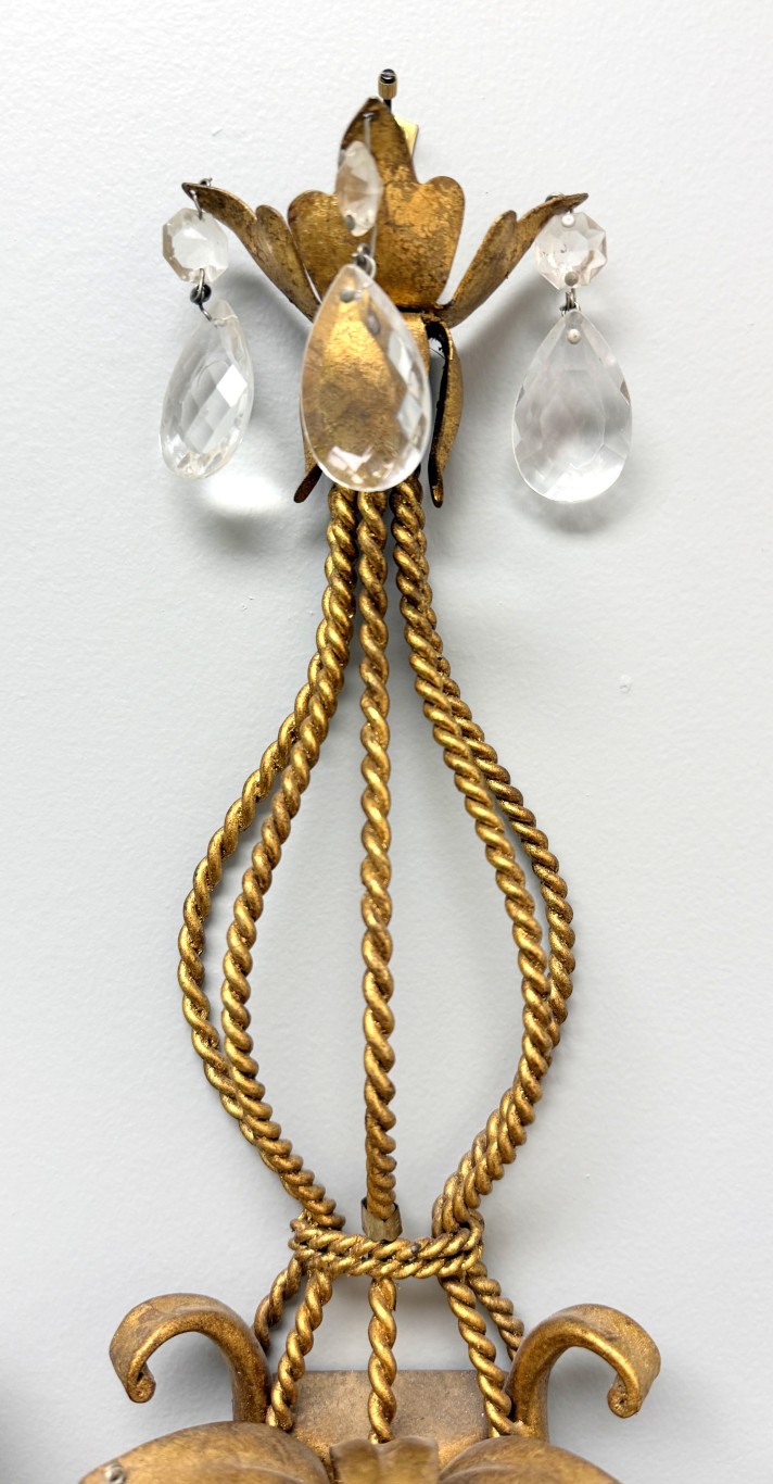 Pair of Mid-Century Italian Tole Overflowing Crystal Wall Sconces Pair of Mid-Century Italian Tole Overflowing Crystal Wall Sconces