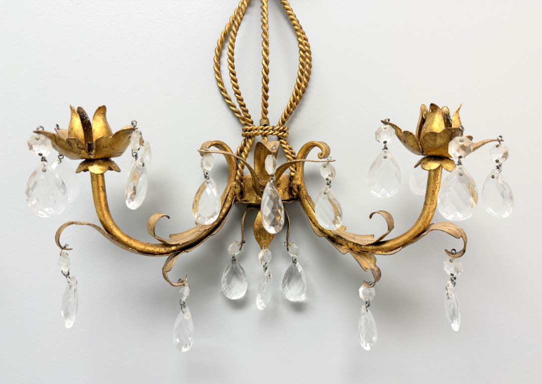 Pair of Mid-Century Italian Tole Overflowing Crystal Wall Sconces Pair of Mid-Century Italian Tole Overflowing Crystal Wall Sconces