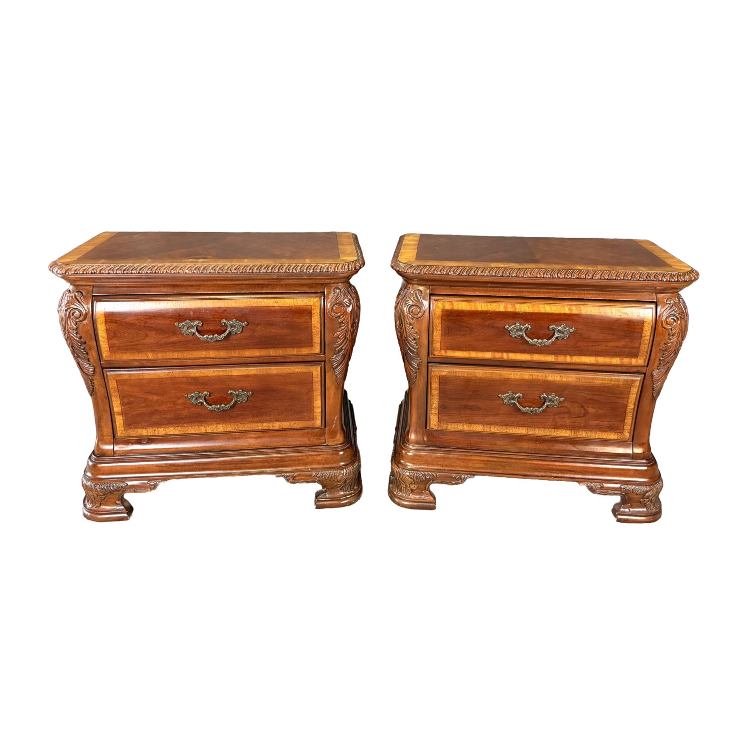 Pair of Cognac Finish Banded Cherry Nightstands Pair of Cognac Finish Banded Cherry Nightstands