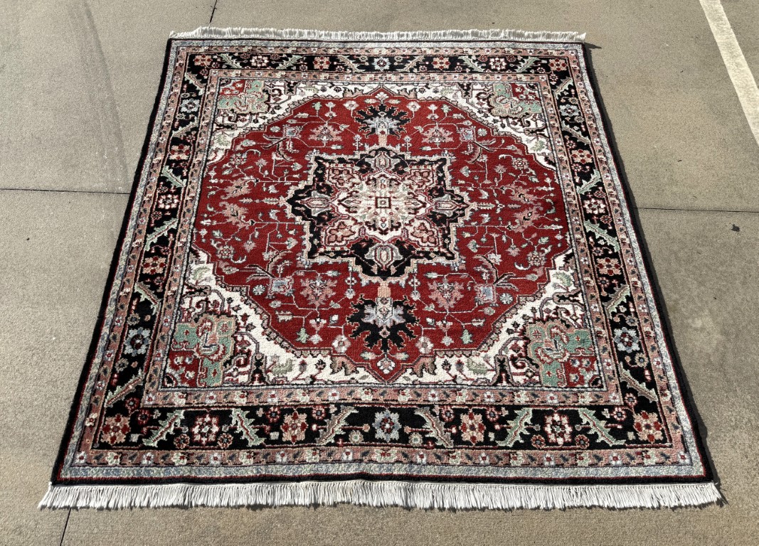 6x6 "Square" Hand-Knotted Red & Black Heriz Style Rug 6x6 "Square" Hand-Knotted Red & Black Heriz Style Rug