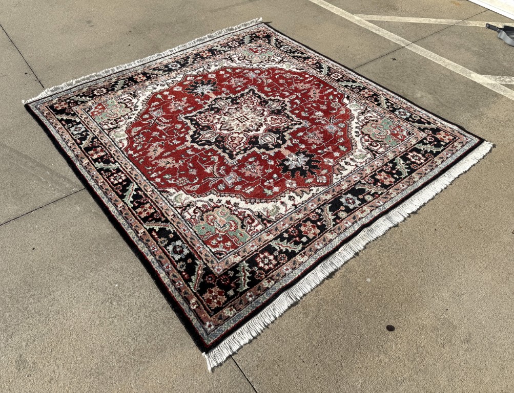6x6 "Square" Hand-Knotted Red & Black Heriz Style Rug 6x6 "Square" Hand-Knotted Red & Black Heriz Style Rug
