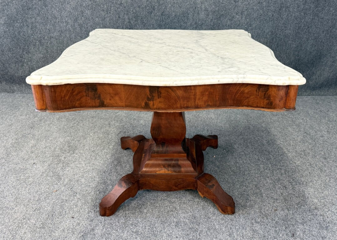 19th Century Flamed Mahogany Marble Top Center Table 19th Century Flamed Mahogany Marble Top Center Table