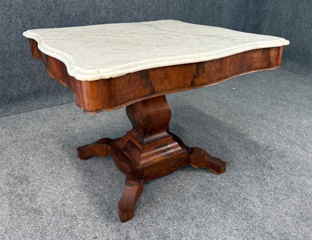 19th Century Flamed Mahogany Marble Top Center Table 19th Century Flamed Mahogany Marble Top Center Table
