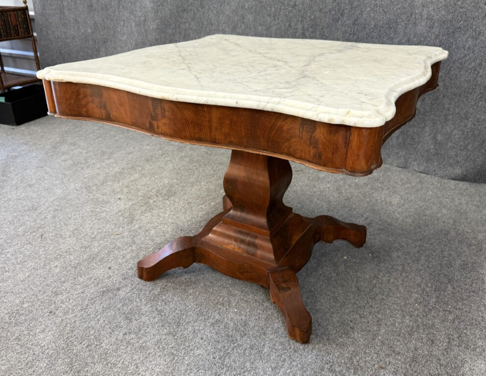 19th Century Flamed Mahogany Marble Top Center Table 19th Century Flamed Mahogany Marble Top Center Table