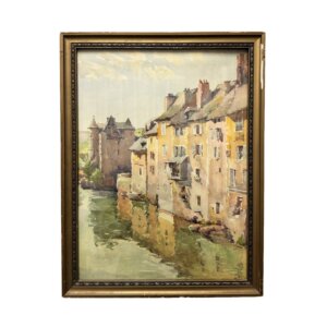 1930s French Watercolor of Sun-Drenched Houses in Period Gilt Frame