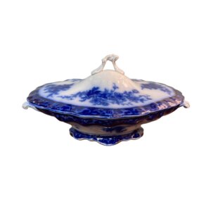 Circa 1898 English Flow Blue Oblong Covered Dish in 'Touraine' Pattern