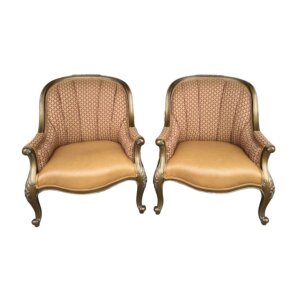 Pair of Upholstered Bergere Chairs with Leather Seats Attributed to Parker Southern