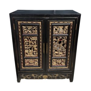 Heavily Carved Black Asian Cabinet with Gold Doors and Red Interior