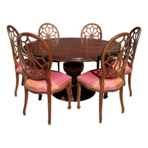 7 Piece 5ft Round Dining Set with Coral Upholstery