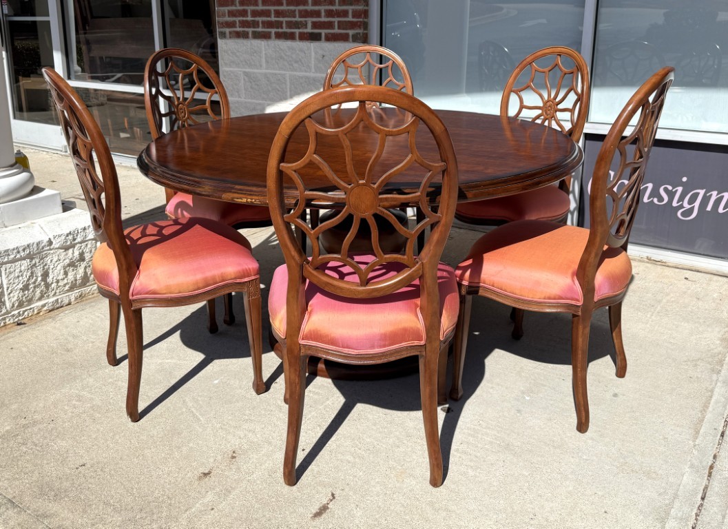 7 Piece 5ft Round Dining Set with Coral Upholstery 7 Piece 5ft Round Dining Set with Coral Upholstery