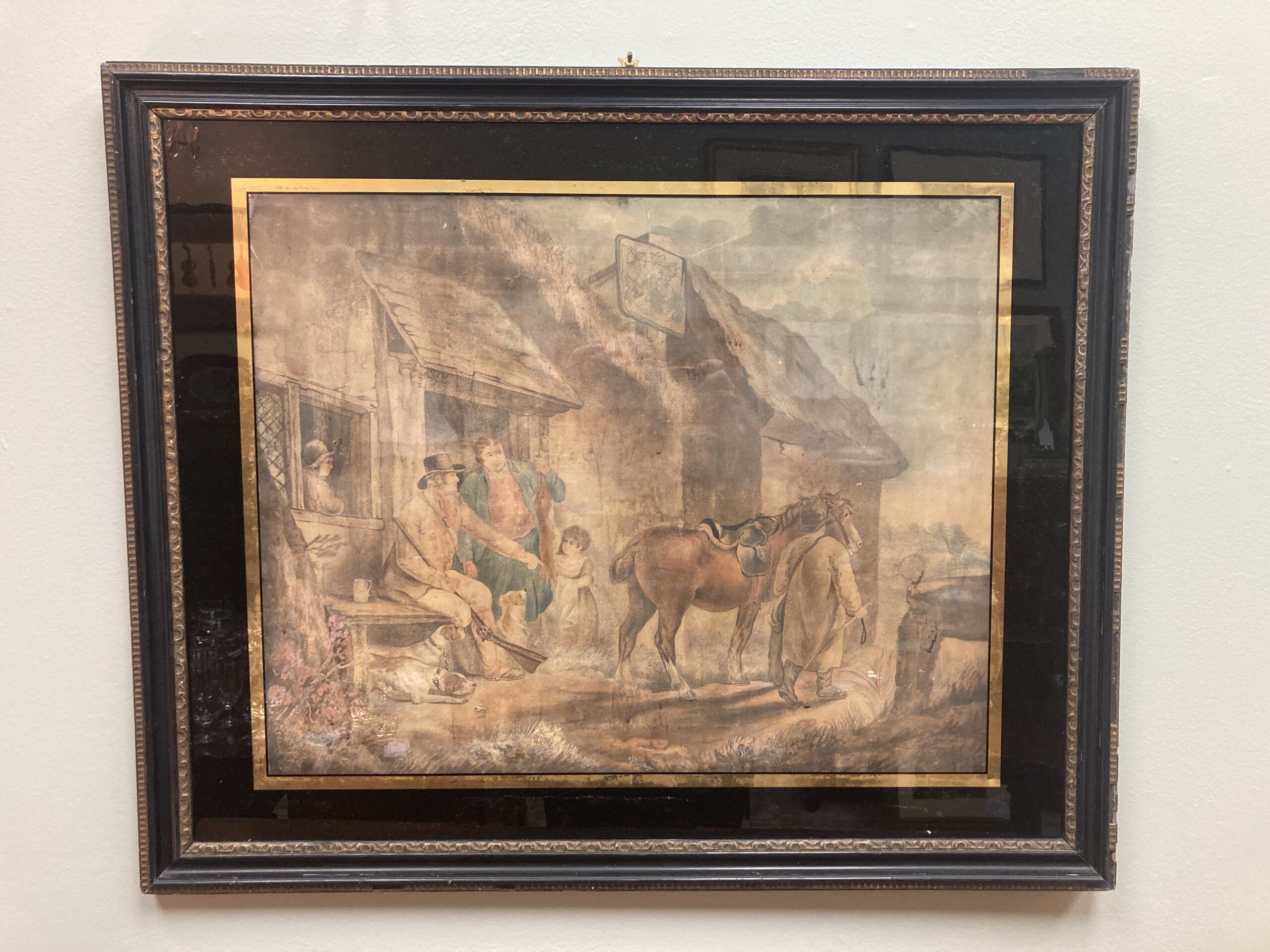 Antique Hand Colored Engraving of a Traveler with Eglomise Border Antique Hand Colored Engraving of a Traveler with Eglomise Border