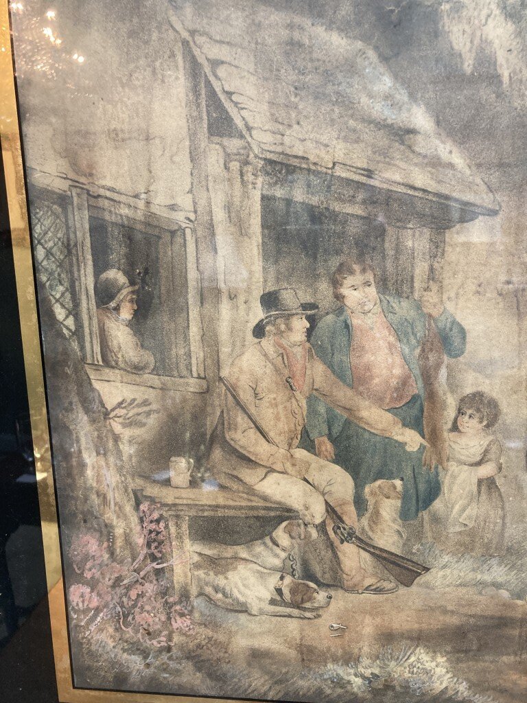 Antique Hand Colored Engraving of a Traveler with Eglomise Border Antique Hand Colored Engraving of a Traveler with Eglomise Border