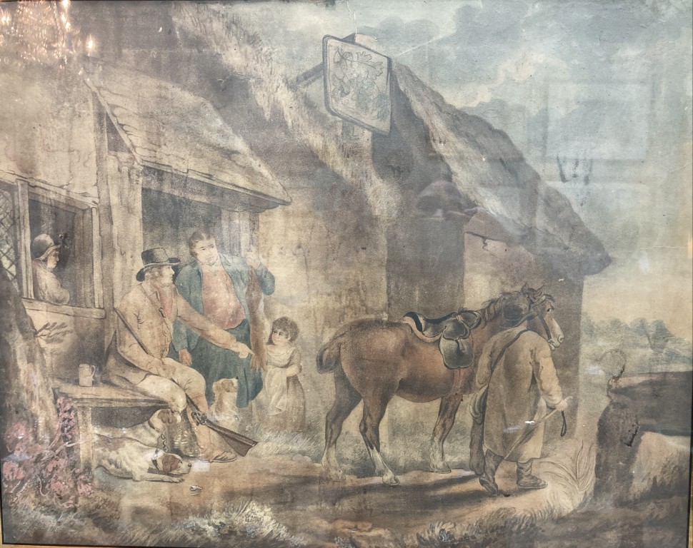 Antique Hand Colored Engraving of a Traveler with Eglomise Border Antique Hand Colored Engraving of a Traveler with Eglomise Border