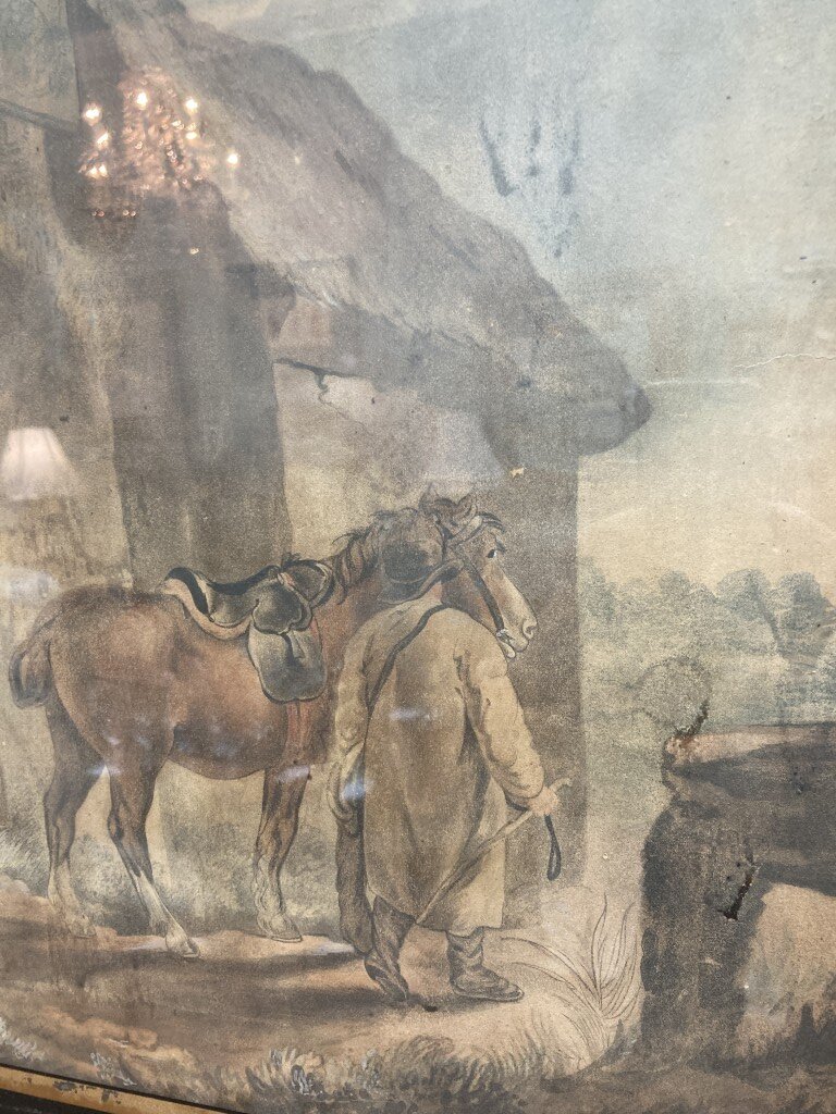 Antique Hand Colored Engraving of a Traveler with Eglomise Border Antique Hand Colored Engraving of a Traveler with Eglomise Border