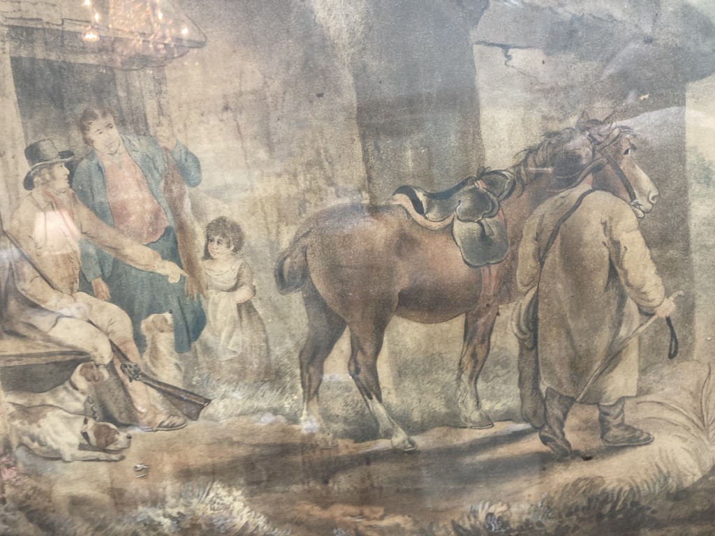 Antique Hand Colored Engraving of a Traveler with Eglomise Border Antique Hand Colored Engraving of a Traveler with Eglomise Border