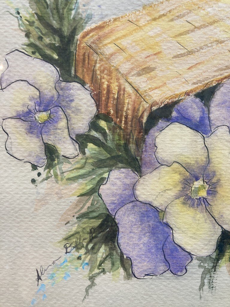 Original Signed Watercolor Painting of Pansies in a Basket Original Signed Watercolor Painting of Pansies in a Basket
