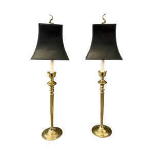 Pair of Polished Brass Candlestick Lamps with Black Shades and Koi Finials