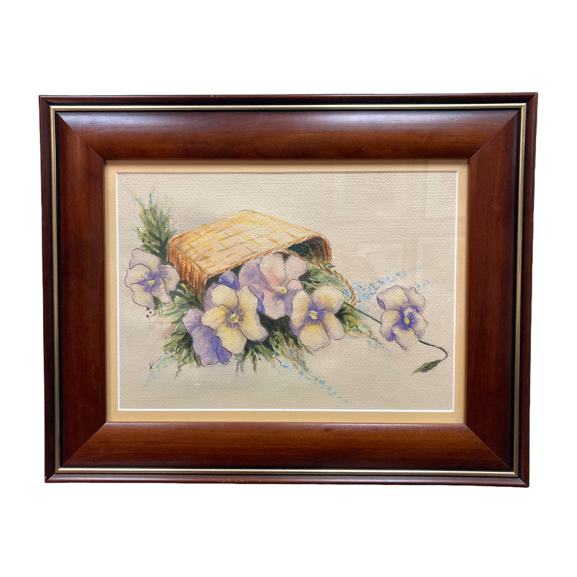 Original Signed Watercolor Painting of Pansies in a Basket Original Signed Watercolor Painting of Pansies in a Basket