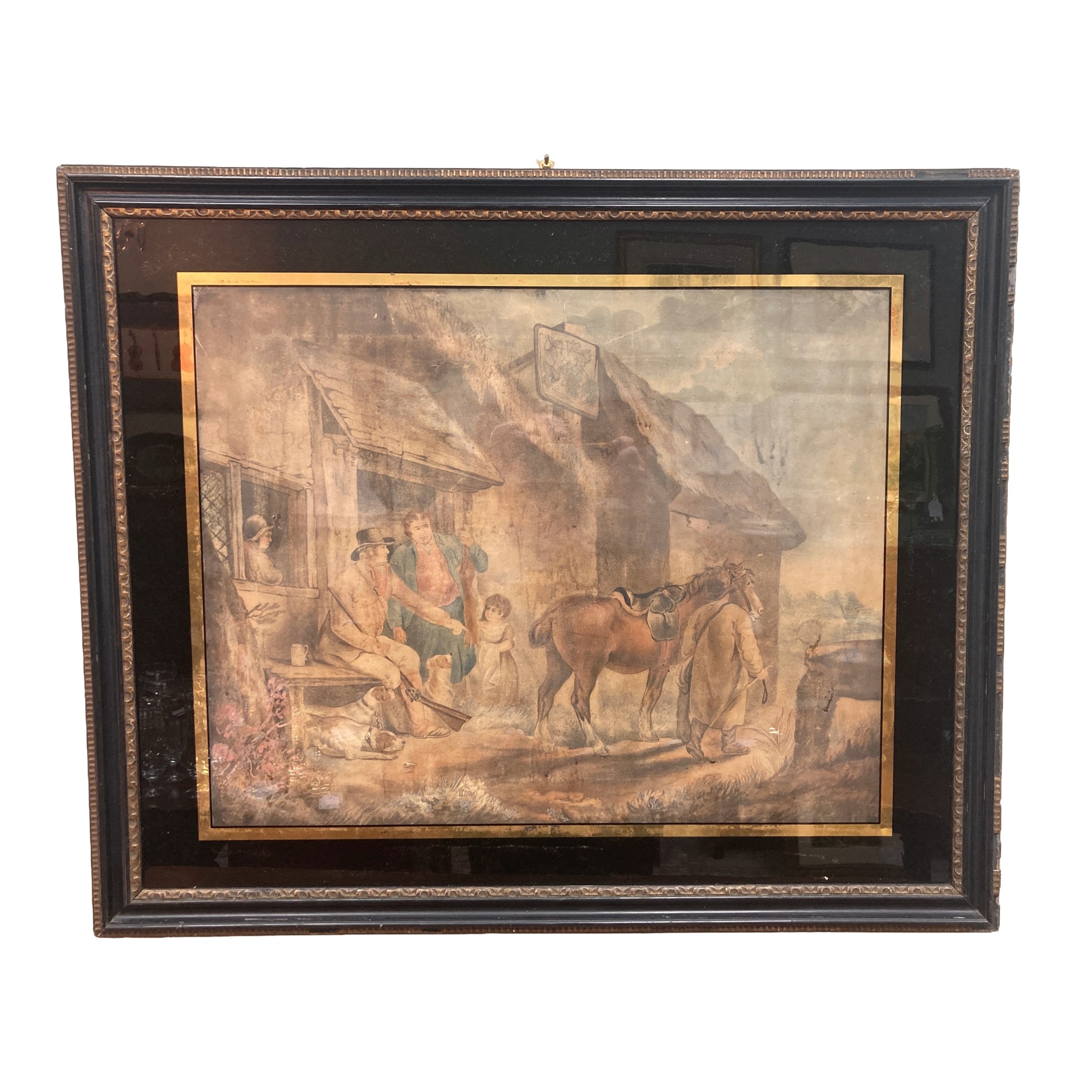 Antique Hand Colored Engraving of a Traveler with Eglomise Border Antique Hand Colored Engraving of a Traveler with Eglomise Border