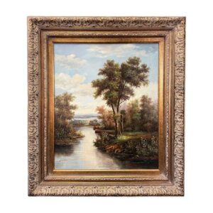 Original Landscape Oil on Canvas of River and Trees Signed Johnson