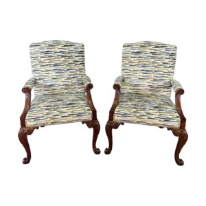 Pair of Baker Furniture Stately Homes Gainsborough Arm Chairs in Green & Blue