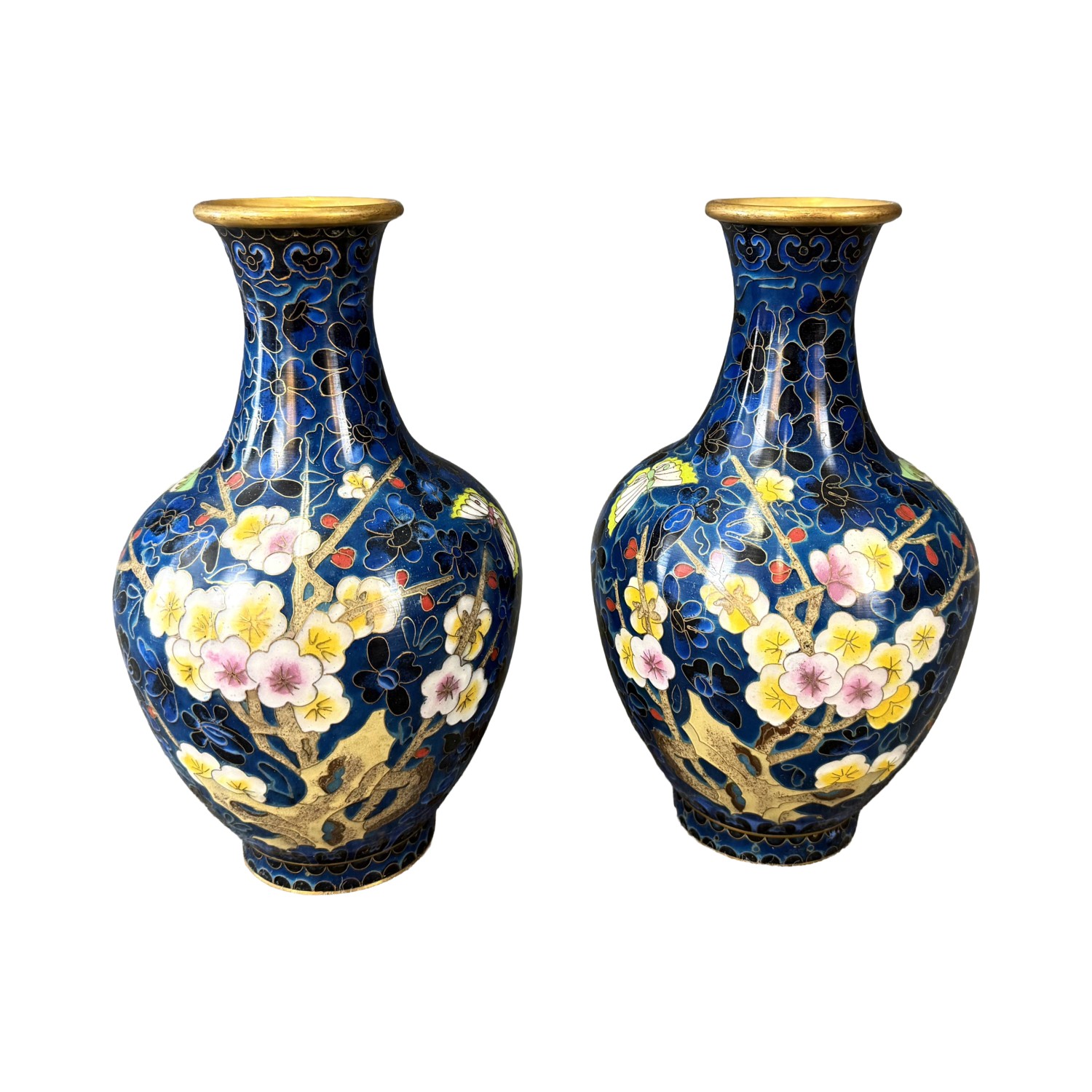 DR750 (0)Pair of Blue Butterfly and Floral Cloisonne Vases Pair of Blue Butterfly and Floral Cloisonne Vases