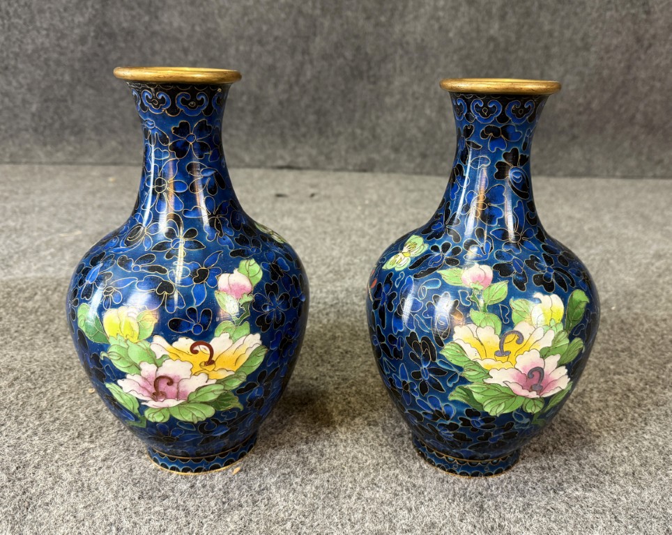 DR750 (3)Pair of Blue Butterfly and Floral Cloisonne Vases Pair of Blue Butterfly and Floral Cloisonne Vases