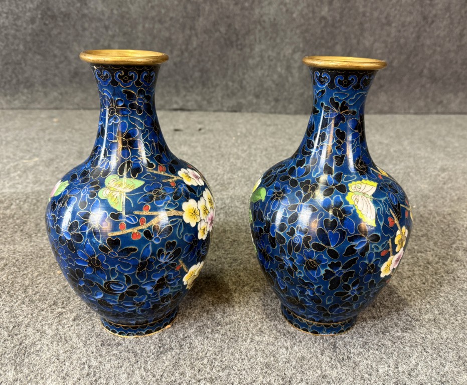DR750 (4)Pair of Blue Butterfly and Floral Cloisonne Vases Pair of Blue Butterfly and Floral Cloisonne Vases