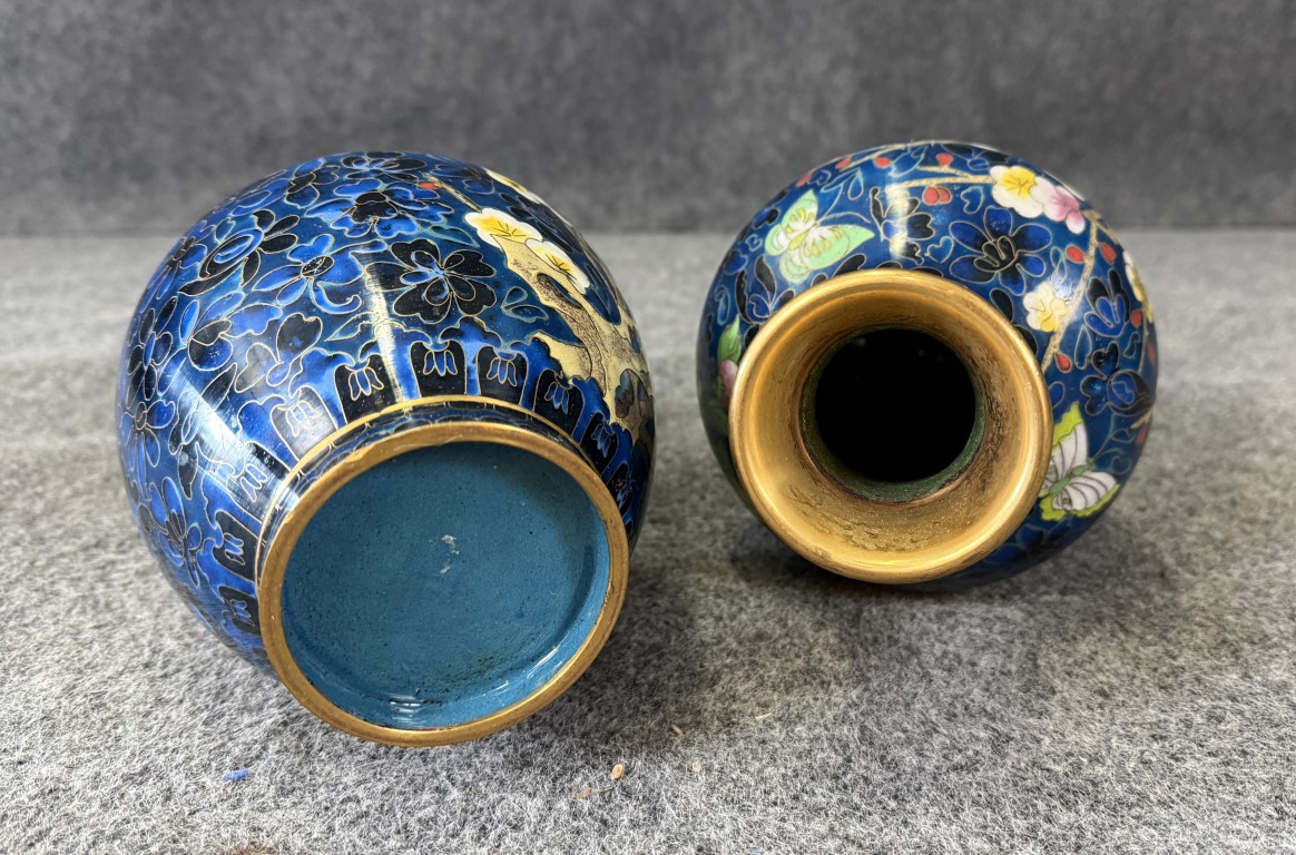 DR750 (5)Pair of Blue Butterfly and Floral Cloisonne Vases Pair of Blue Butterfly and Floral Cloisonne Vases