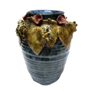 Vintage Hand-Crafted Blue Vase with Frogs, Flowers, and Leaves