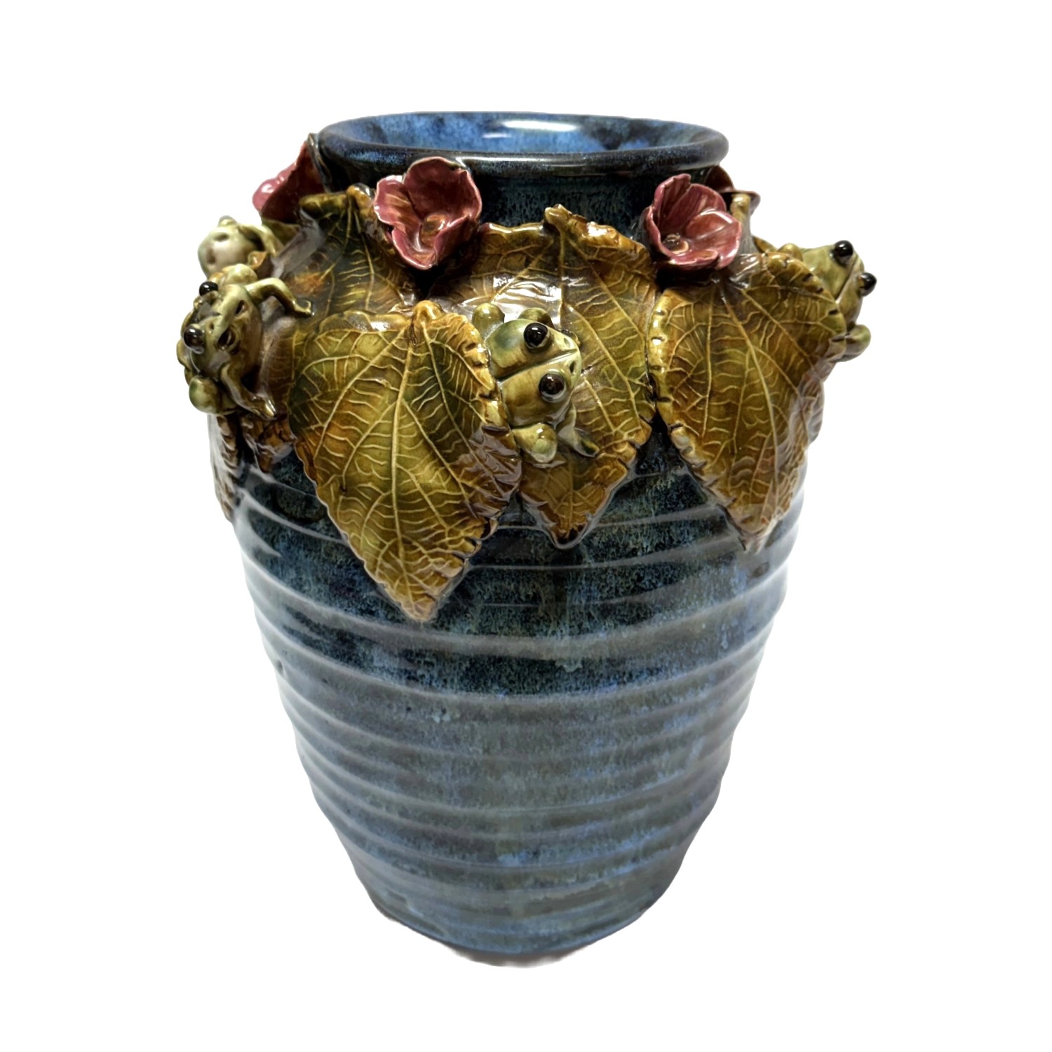 DR772 (0)Vintage Hand-Crafted Blue Vase with Frogs, Flowers, and Leaves Vintage Hand-Crafted Blue Vase with Frogs, Flowers, and Leaves