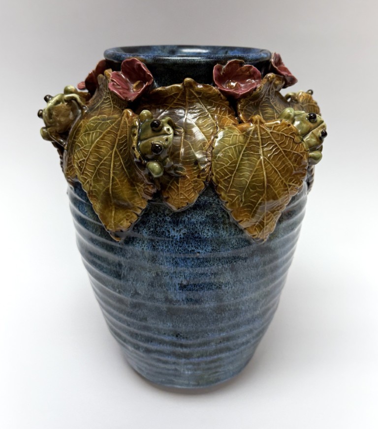 DR772 (4) Vintage Hand-Crafted Blue Vase with Frogs, Flowers, and Leaves