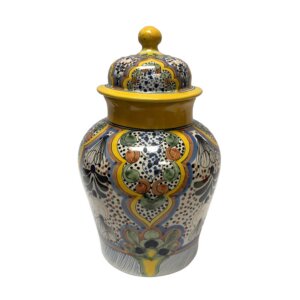 Hand-Painted Yellow Mexican Lidded Urn