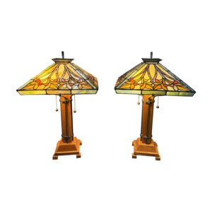 Pair of Tiffany Style Lamps with Mission Style Oak Bases
