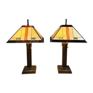 Pair of Stiffel Tiffany Style Lamps with Mission Style Metal Bases
