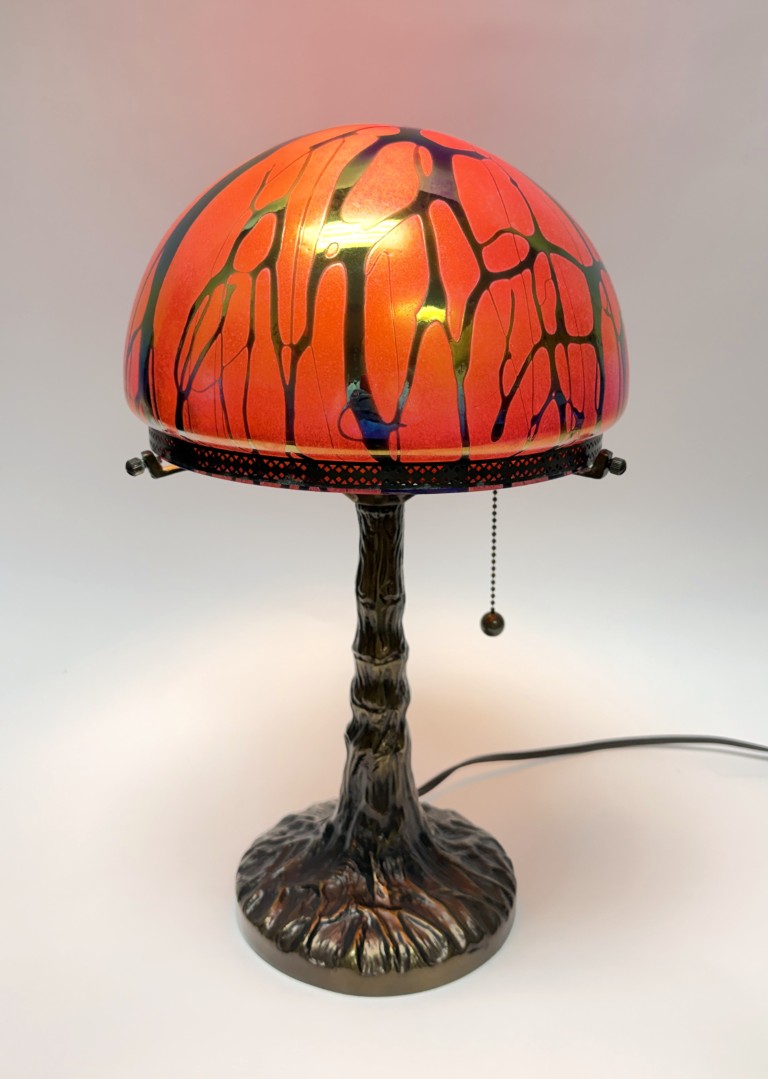 Vintage Iridescent Glass Dome Lamp with Tree Trunk Base Vintage Iridescent Glass Dome Lamp with Tree Trunk Base