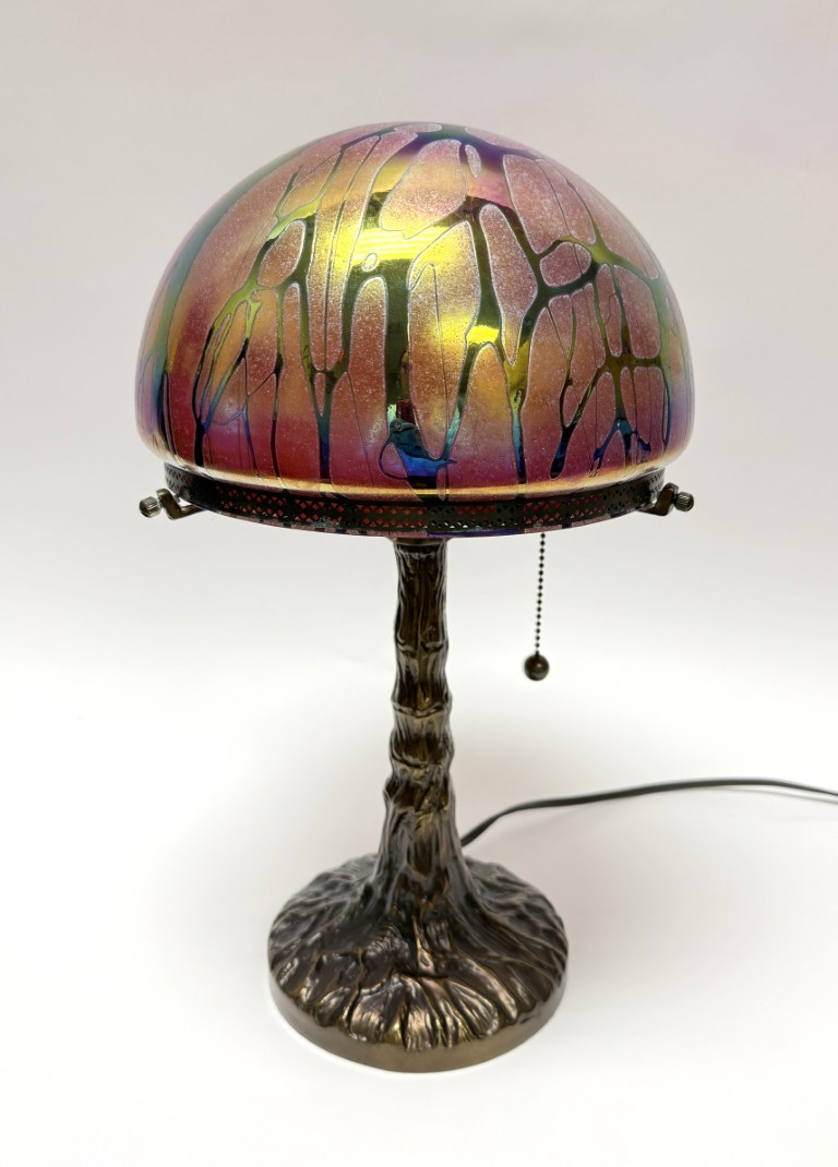 Vintage Iridescent Glass Dome Lamp with Tree Trunk Base Vintage Iridescent Glass Dome Lamp with Tree Trunk Base