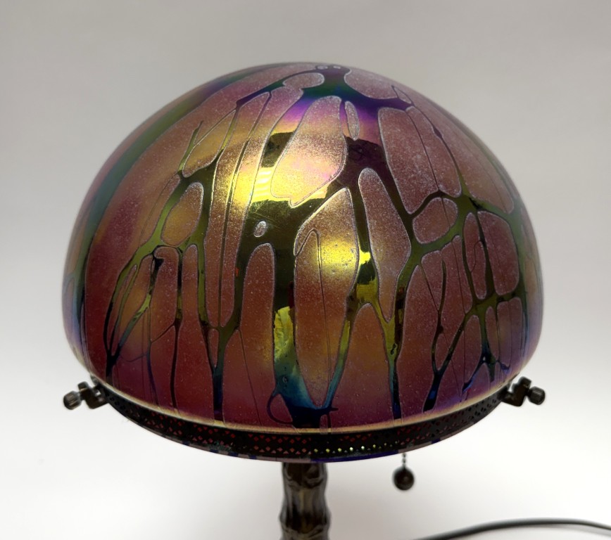 Vintage Iridescent Glass Dome Lamp with Tree Trunk Base Vintage Iridescent Glass Dome Lamp with Tree Trunk Base