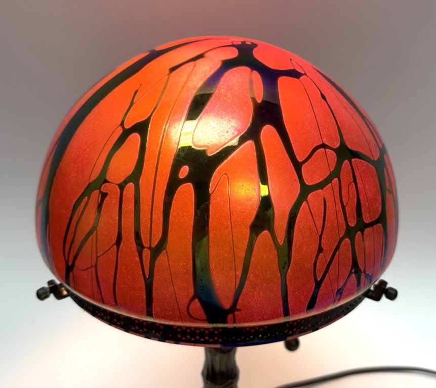 Vintage Iridescent Glass Dome Lamp with Tree Trunk Base Vintage Iridescent Glass Dome Lamp with Tree Trunk Base