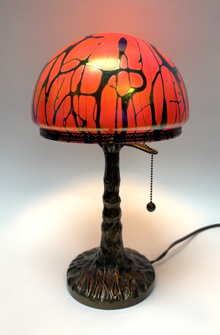 Vintage Iridescent Glass Dome Lamp with Tree Trunk Base Vintage Iridescent Glass Dome Lamp with Tree Trunk Base