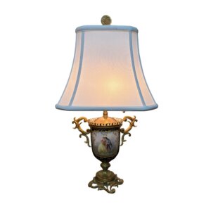 Porcelain and Bronze Hand Painted French Lamp with New Silk Shade
