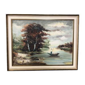 Vintage Original Oil on Canvas of Boat on River