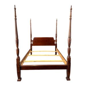 Vintage Banded Mahogany Queen Size Rice Carved Poster Bed