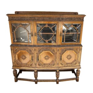 Early 1900s Tiger Oak Leaded Glass Carved Cabinet